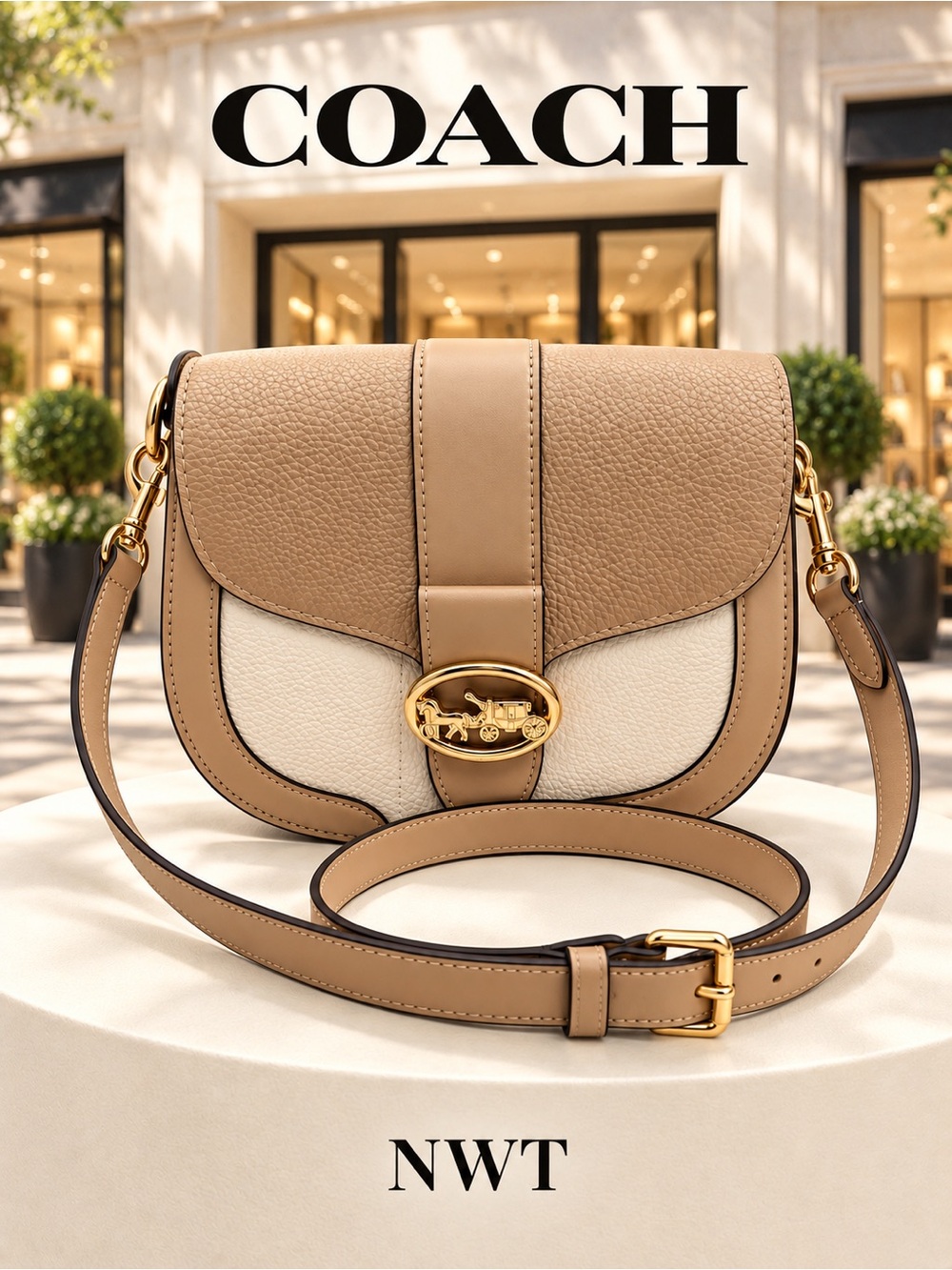 Coach NWT Georgie Saddle Bag Pebbled Leather Crossbody in Beige, Pink and Cream